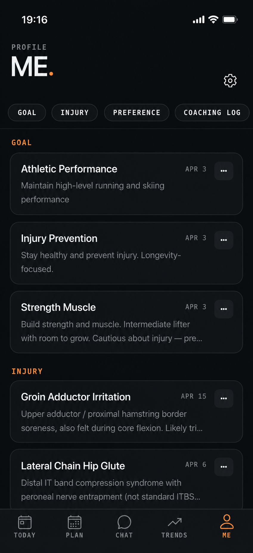 Your profile — goals, injuries, coaching log